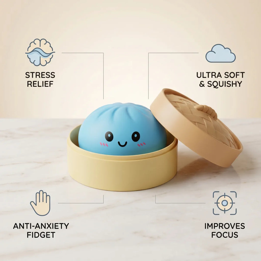 Blue dumpling squishy size guide infographic with dimensions