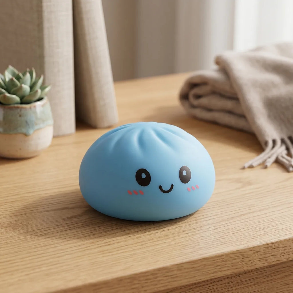 Blue dumpling squishy displayed with bamboo steamer