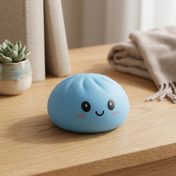 Blue dumpling squishy displayed with bamboo steamer