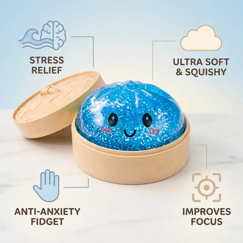 Blue glitter dumpling squishy features and benefits