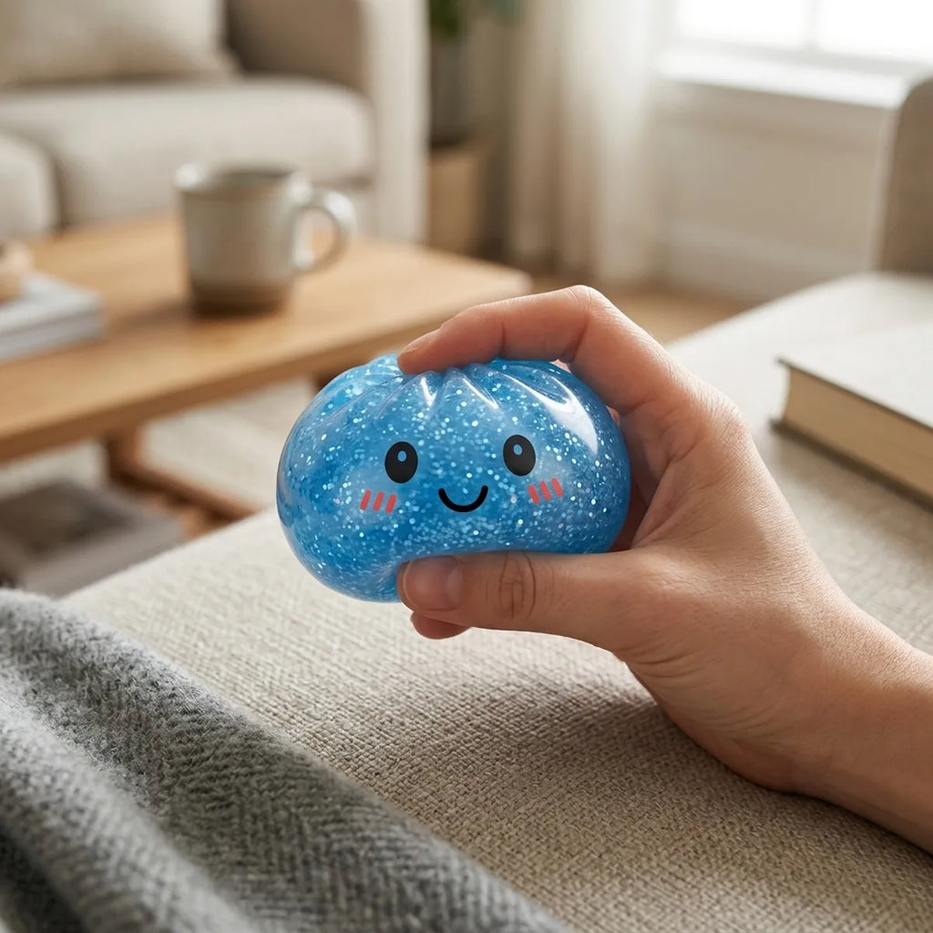 Person playing with a blue glitter dumpling squishy for stress relief