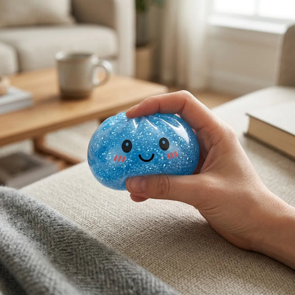 Person playing with a blue glitter dumpling squishy for stress relief