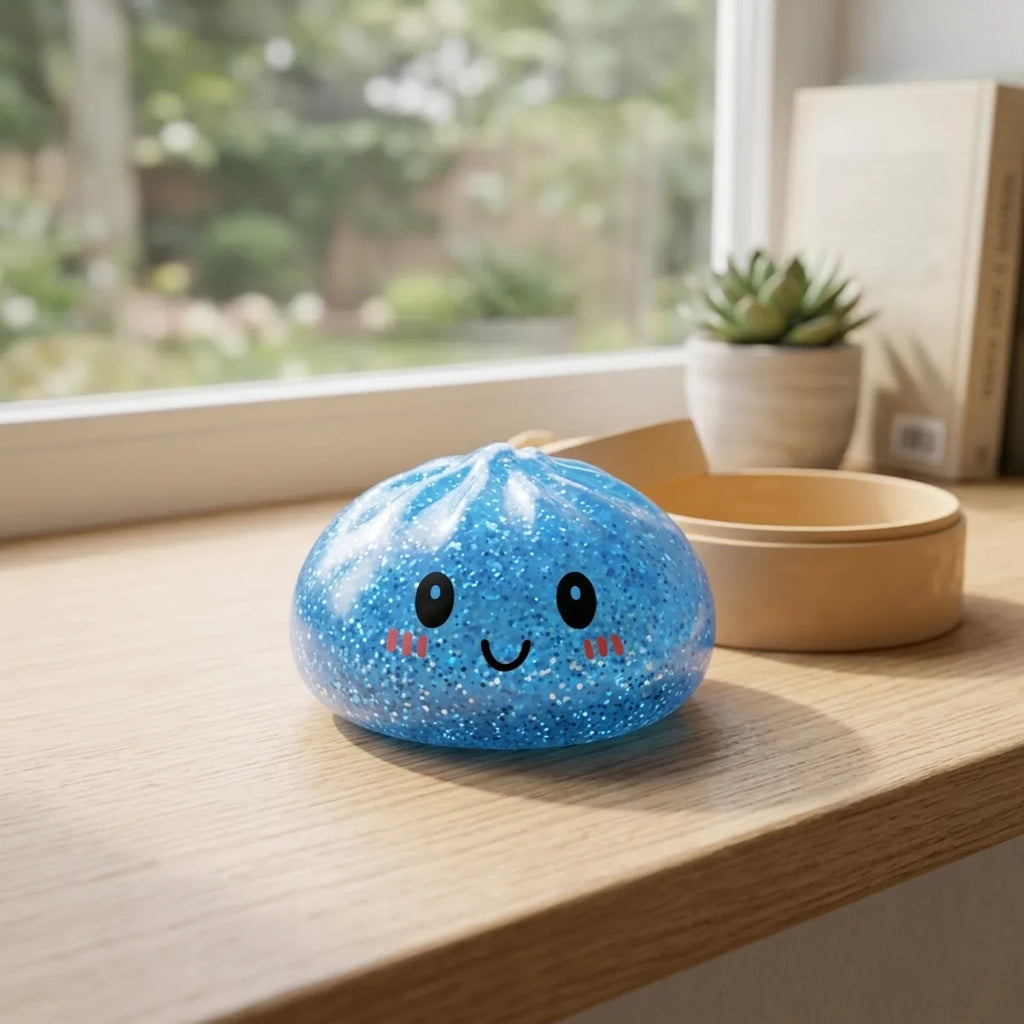 Blue glitter dumpling squishy displayed on a desk surface
