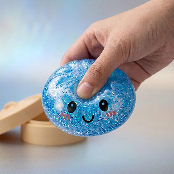 Hand squeezing the slow-rise blue glitter dumpling squishy