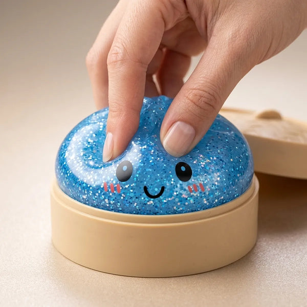 Close-up of fingers pressing the blue glitter dumpling squishy
