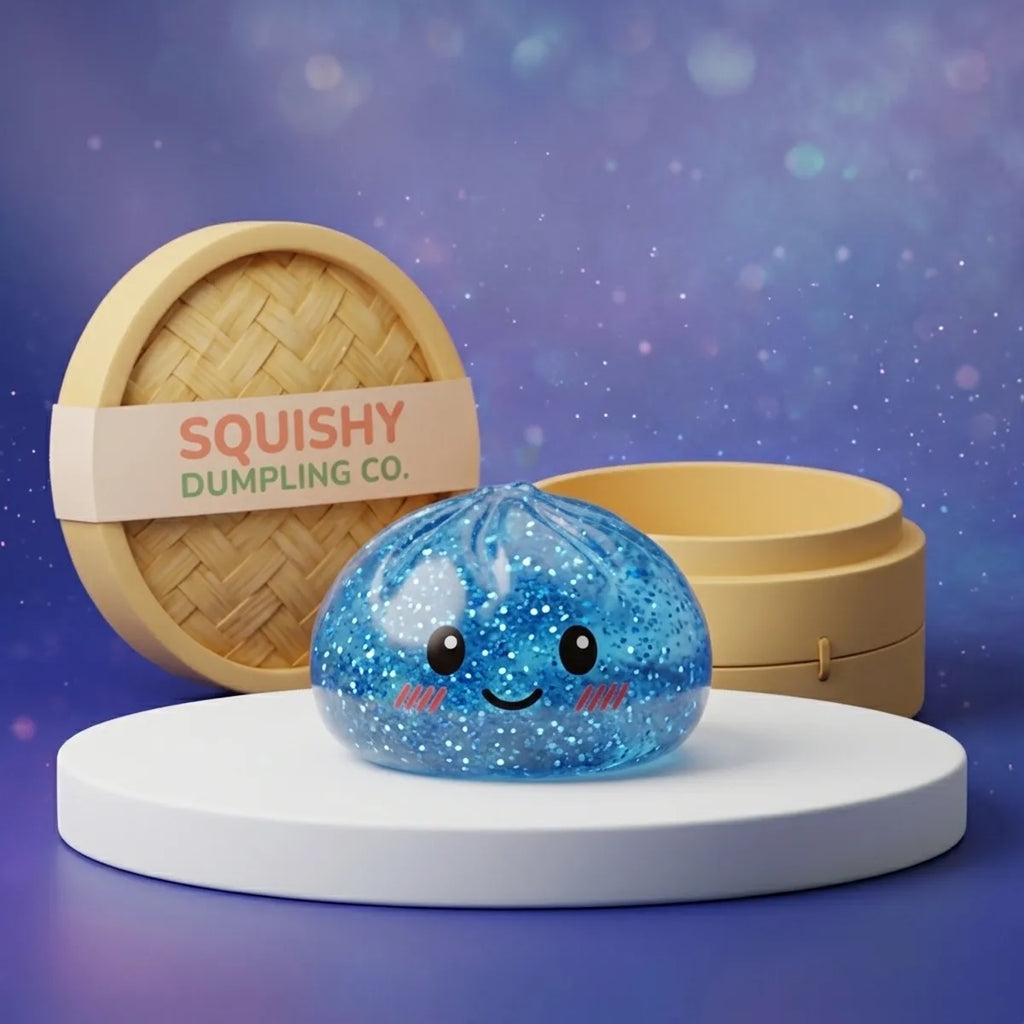 Studio photo of the blue glitter dumpling squishy with bamboo steamer