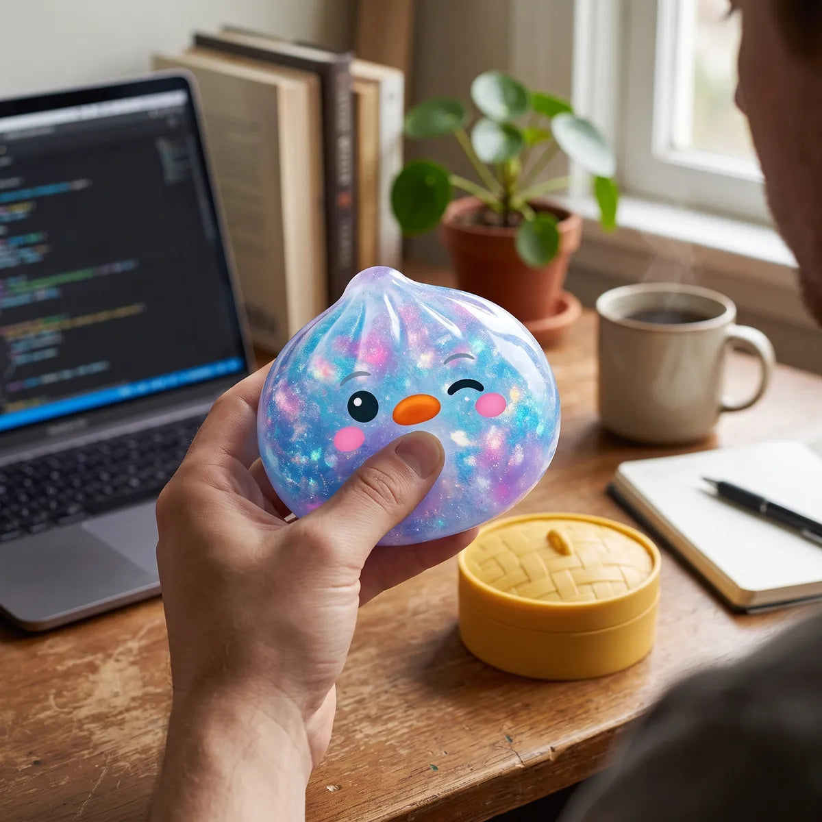 Person squeezing the blue penguin dumpling squishy as a desk fidget toy