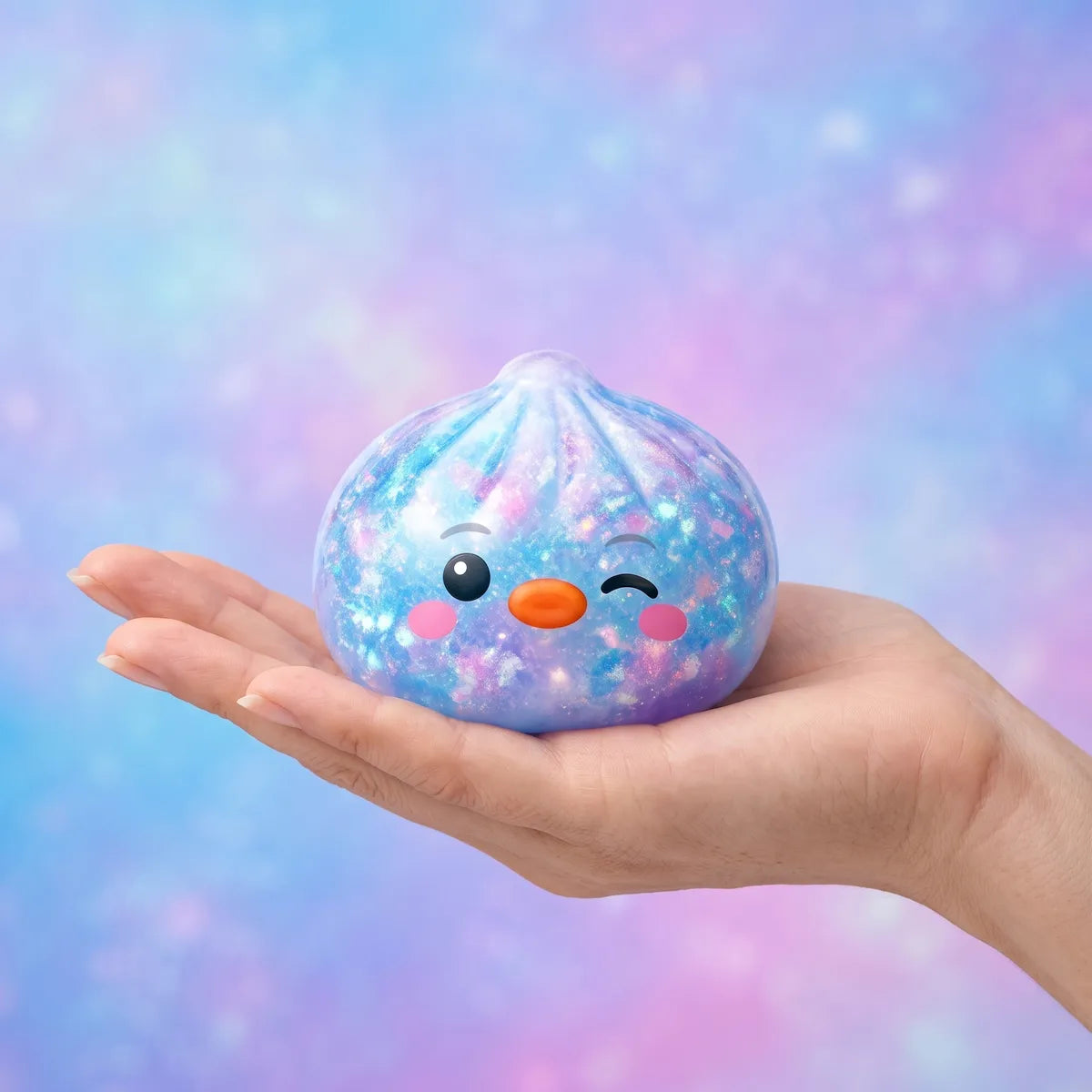 Hand holding the 5.5 cm blue penguin dumpling squishy to show its size