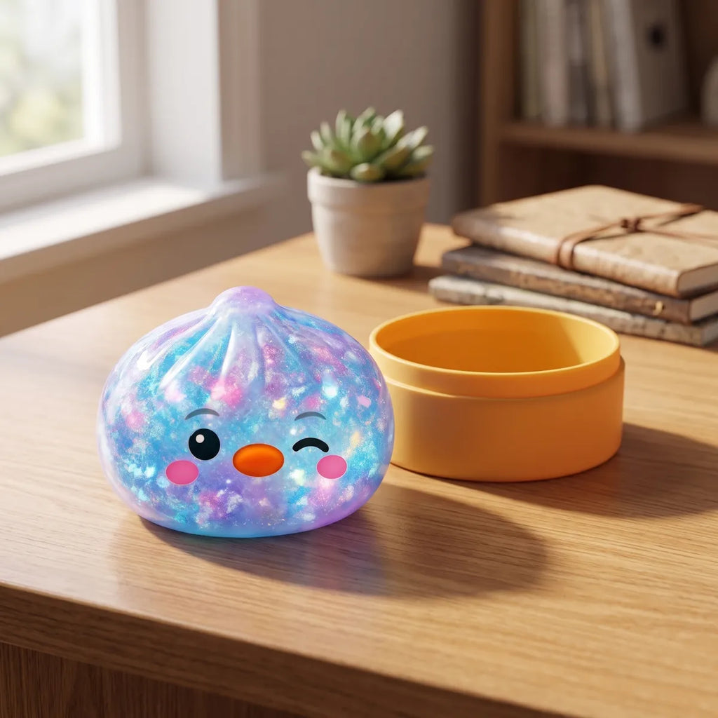 Blue penguin dumpling squishy resting on a pastel galaxy surface