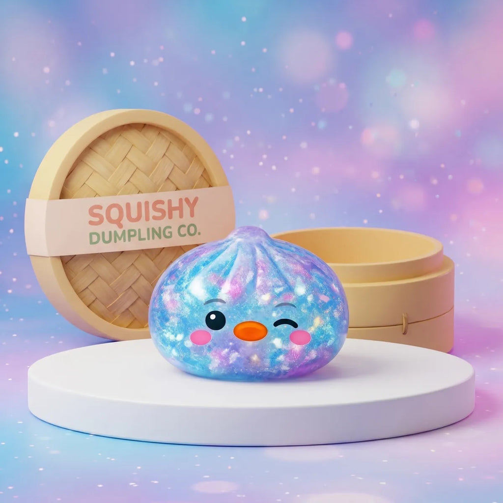 Blue penguin dumpling squishy with pastel galaxy glitter winking on a white podium