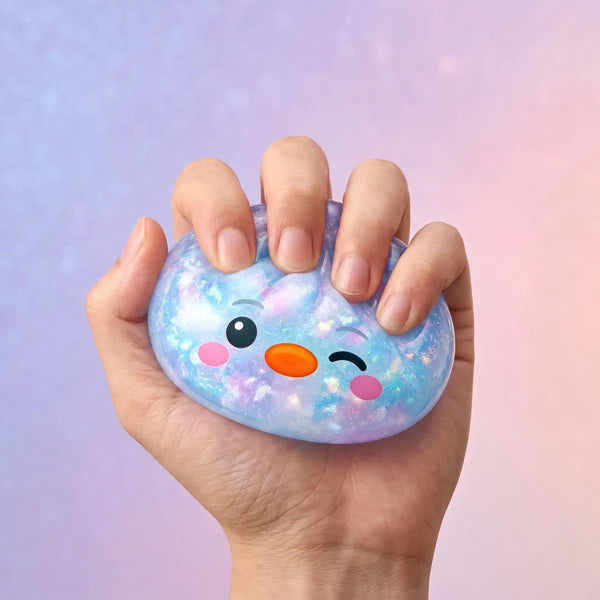 Hand squeezing the blue penguin dumpling squishy to show its slow rise