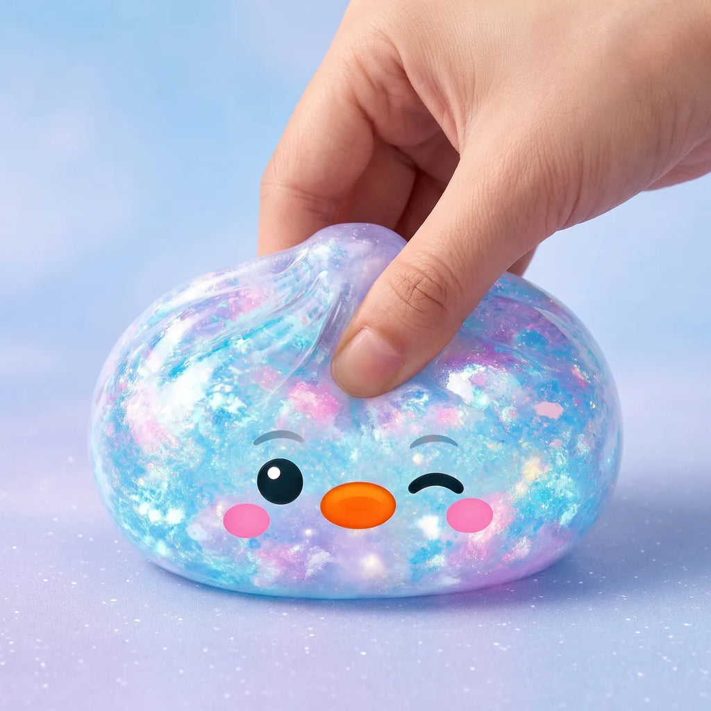 Close up squeeze of the blue penguin dumpling squishy showing its violet and rose galaxy glitter