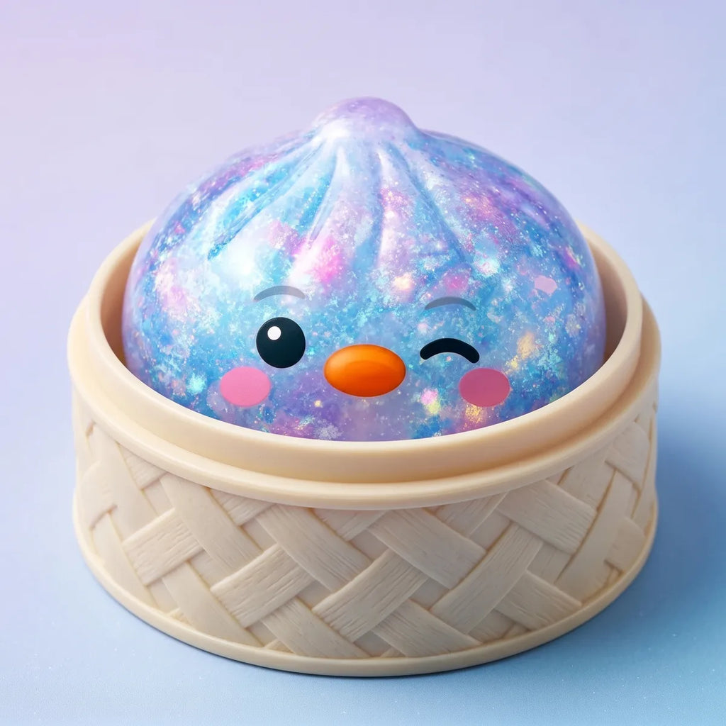 Blue penguin dumpling squishy resting in its bamboo steamer box