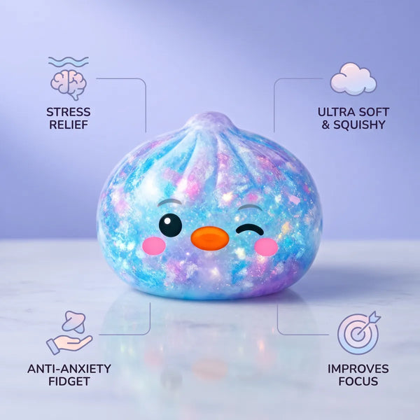 Infographic listing the stress relief benefits of the blue penguin dumpling squishy