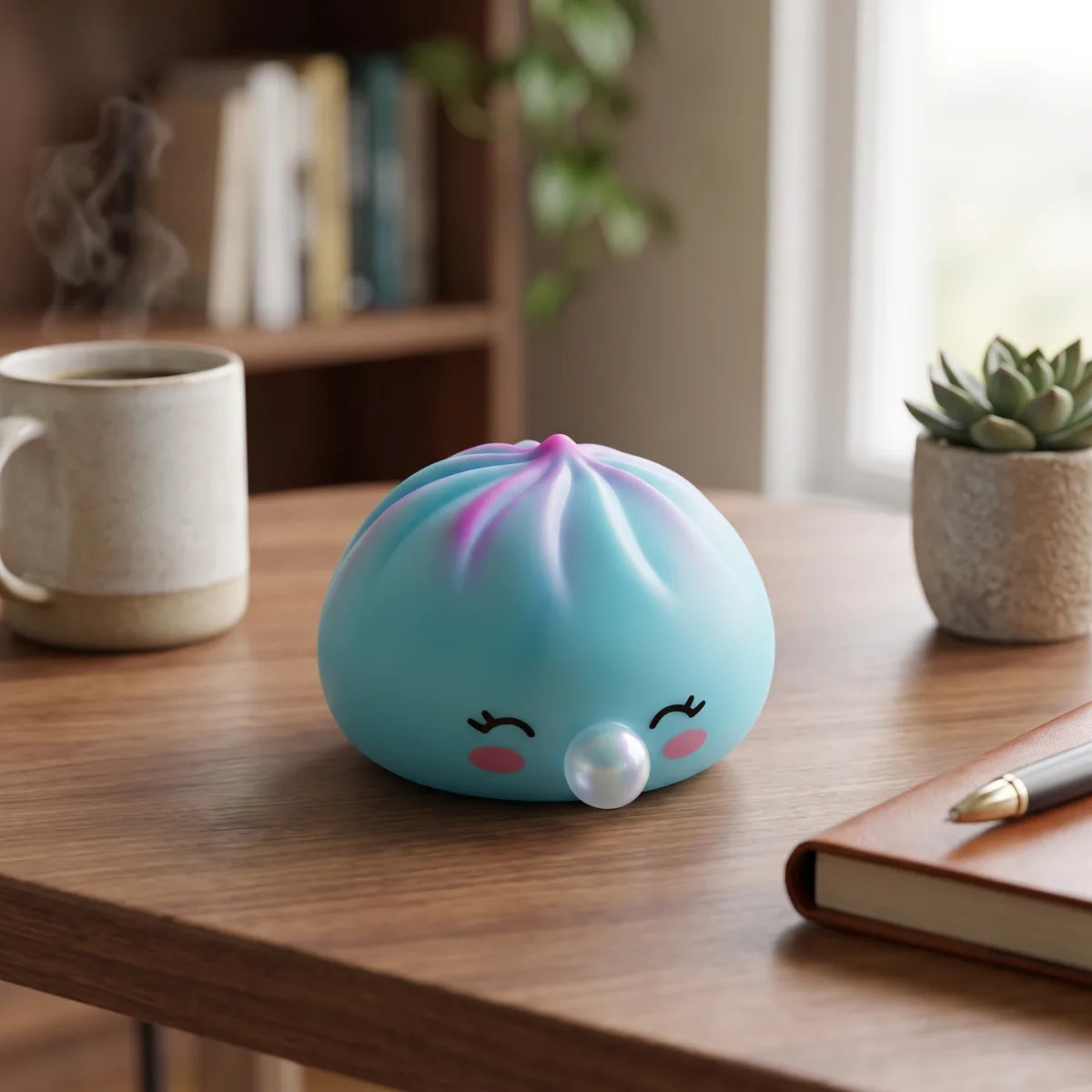 Blue rare blow dumpling squishy styled on a cozy desk