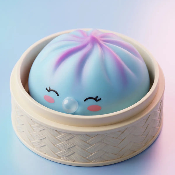 Blue rare blow dumpling squishy inside a bamboo steamer box