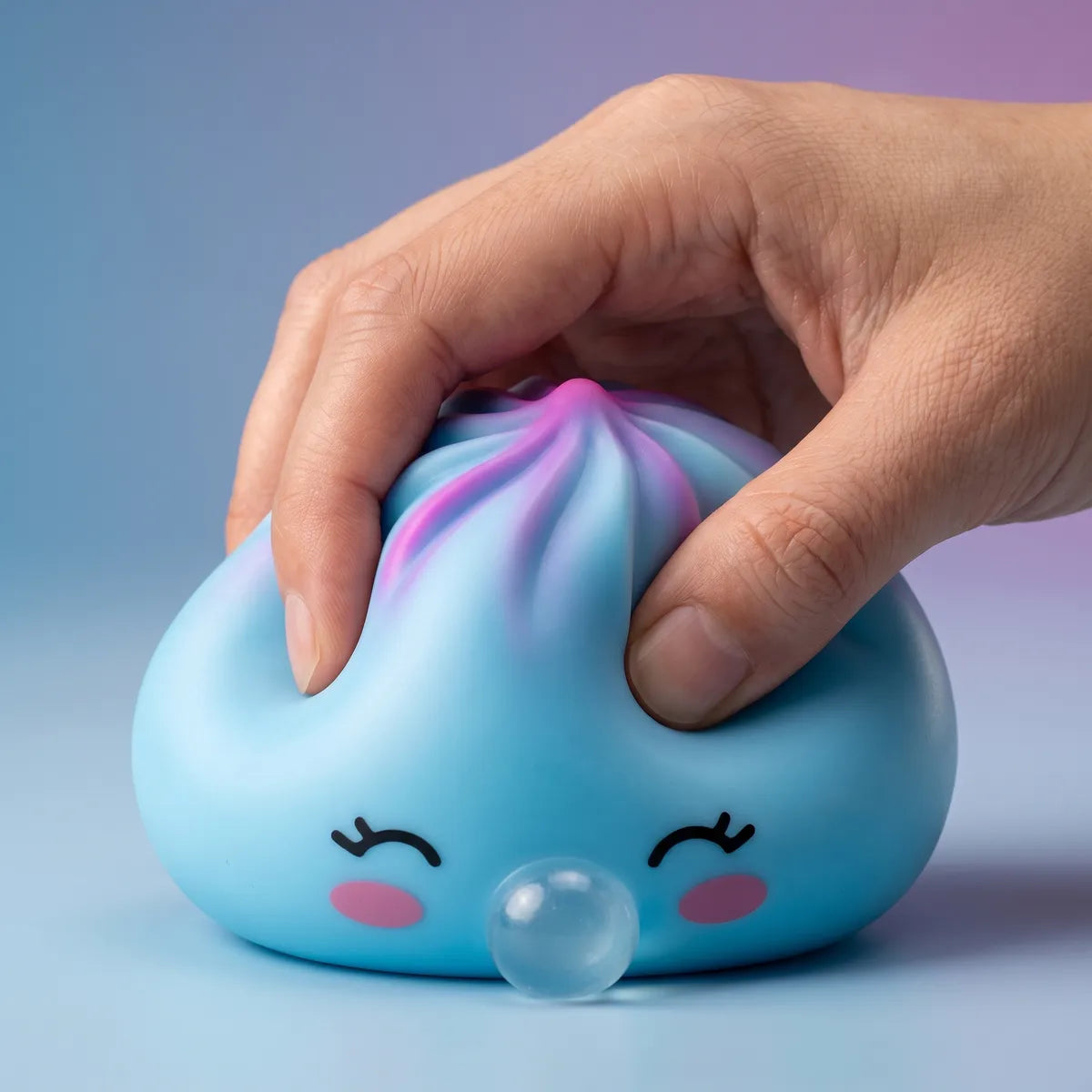 Hand squeezing a blue rare blow dumpling squishy
