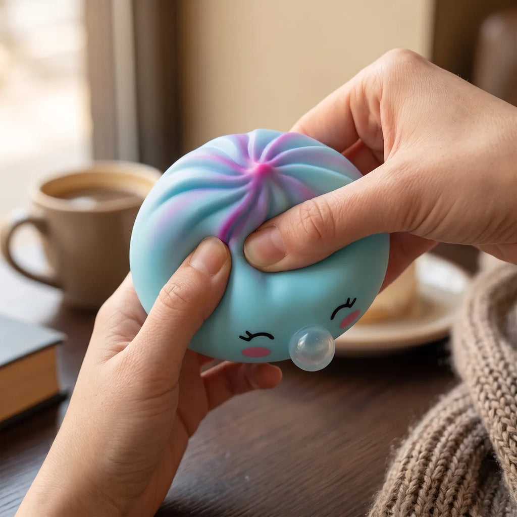 Person using a blue rare blow dumpling squishy for stress relief