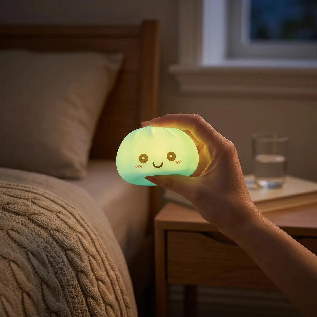 Blue squishy dumpling light glowing softly in a dark room