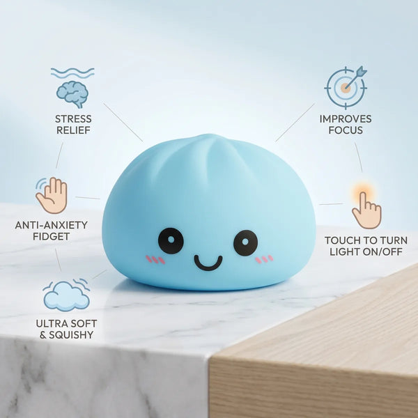 Blue squishy dumpling light size guide infographic with dimensions