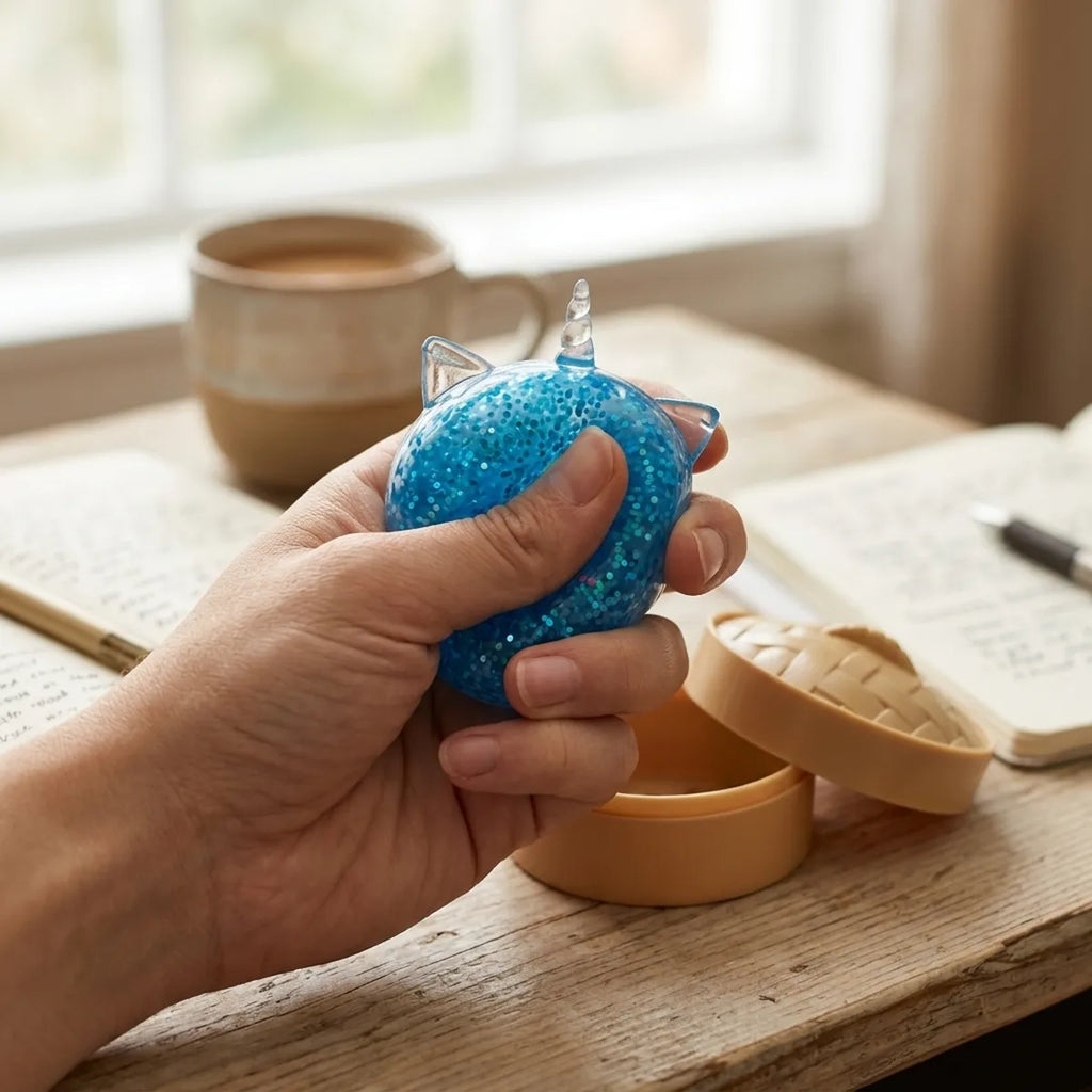 Person squeezing the blue unicorn glitter dumpling squishy as a desk fidget toy