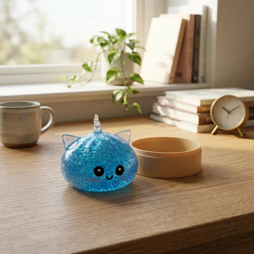 Blue unicorn glitter dumpling squishy resting on a blue glitter surface