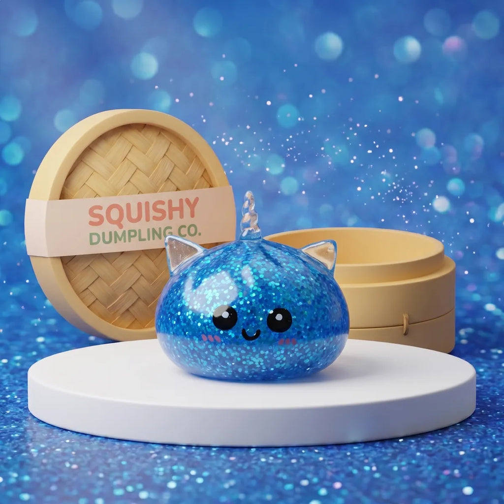 Blue unicorn glitter dumpling squishy packed with cobalt glitter beside a bamboo steamer