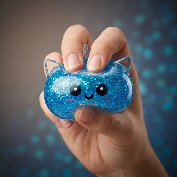 Fingers pressing the blue unicorn glitter dumpling squishy to show its slow rise