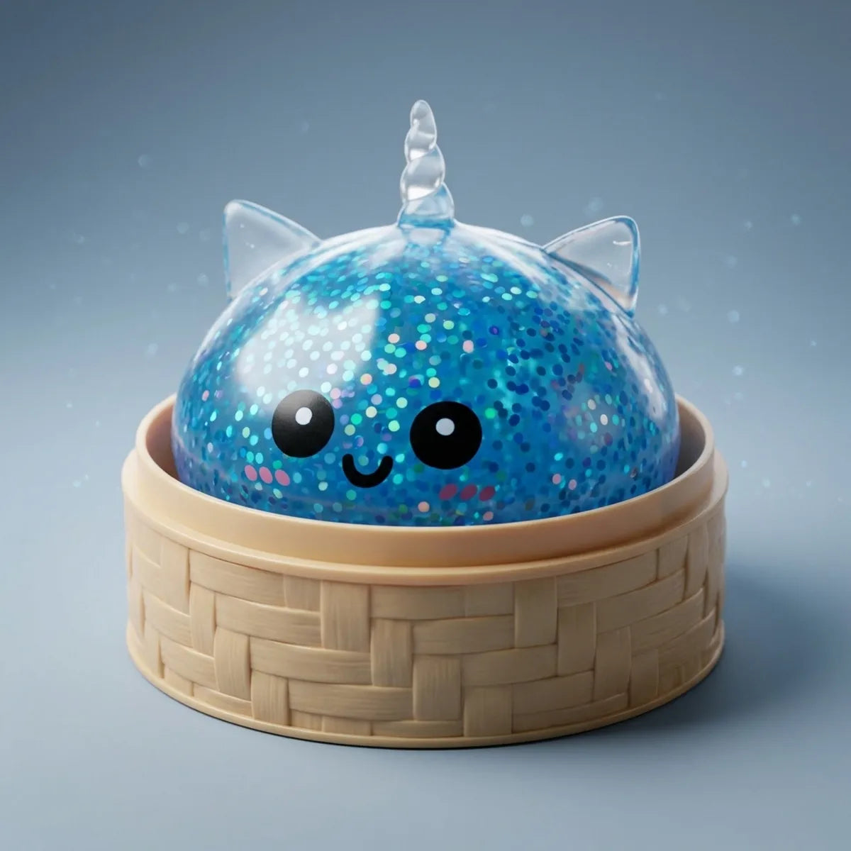 Blue unicorn glitter dumpling squishy resting in its bamboo steamer box