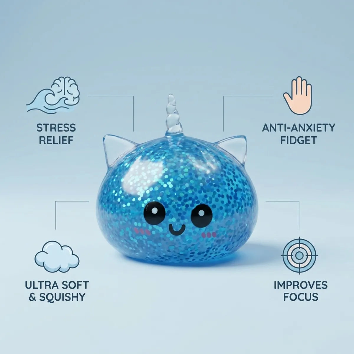 Infographic listing the stress relief benefits of the blue unicorn glitter dumpling squishy