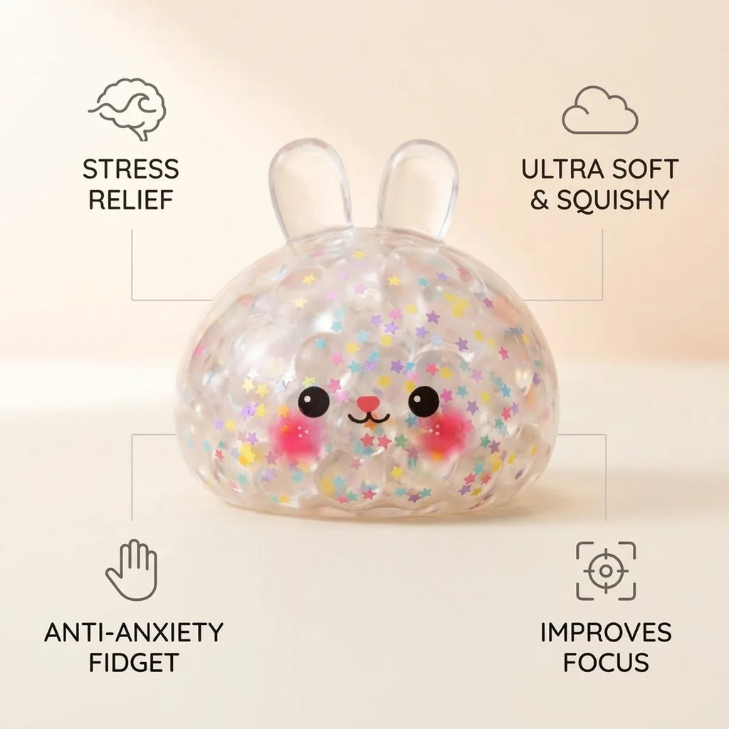 Hoppy Bunny Bubble Dumpling Squishy infographic: stress relief, ultra soft and squishy, anti-anxiety fidget, improves focus