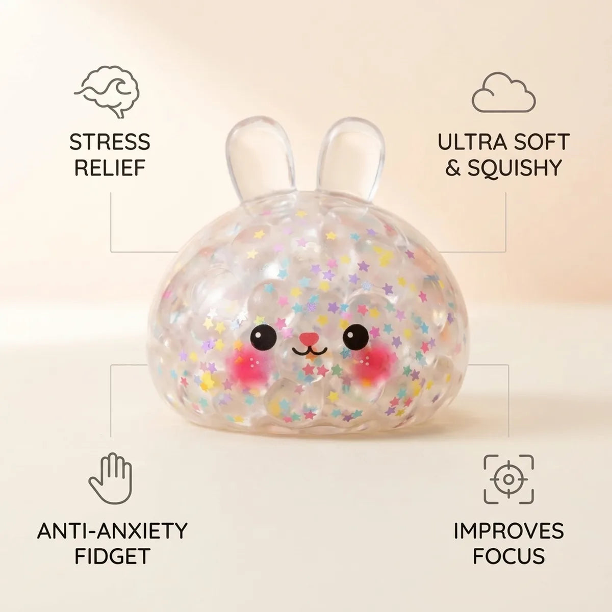 Hoppy Bunny Bubble Dumpling Squishy infographic: stress relief, ultra soft and squishy, anti-anxiety fidget, improves focus