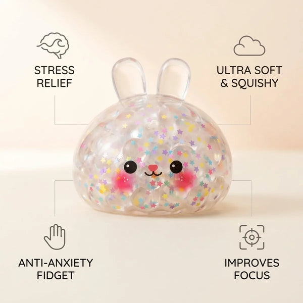 Hoppy Bunny Bubble Dumpling Squishy infographic: stress relief, ultra soft and squishy, anti-anxiety fidget, improves focus