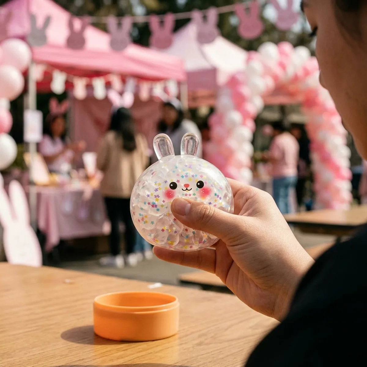 Person squeezing the Hoppy Bunny Bubble Dumpling Squishy as a fidget toy at a pink bunny party