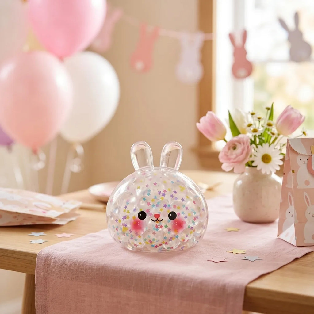 Hoppy Bunny Bubble Dumpling Squishy displayed on a pink party table with balloons