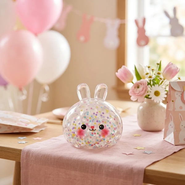 Hoppy Bunny Bubble Dumpling Squishy displayed on a pink party table with balloons