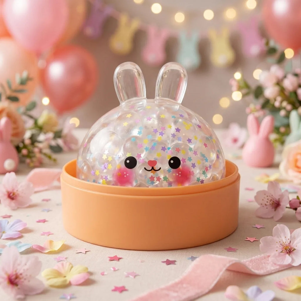 Hoppy Bunny Bubble Dumpling Squishy sitting inside a round steamer basket