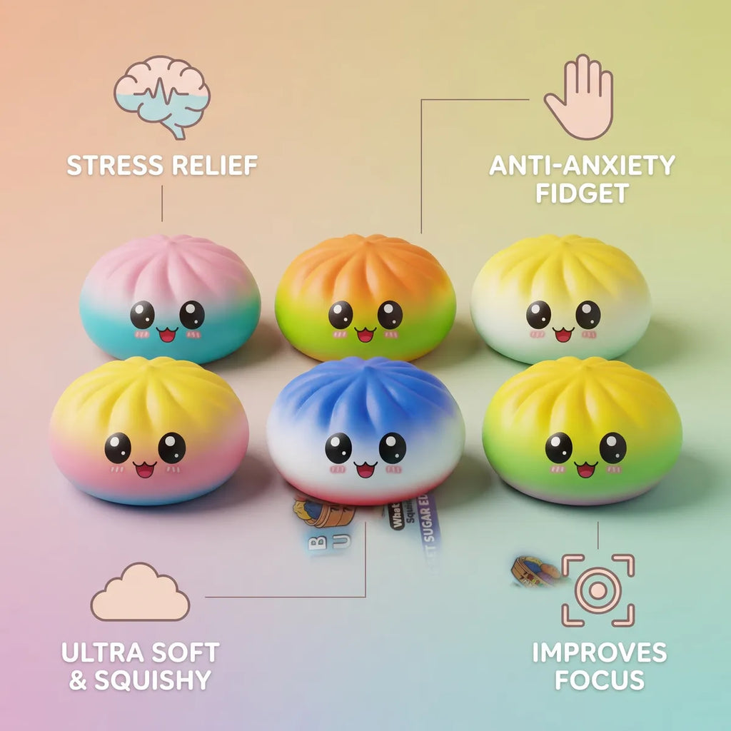 Charming mystery dumpling squishy size guide infographic with dimensions