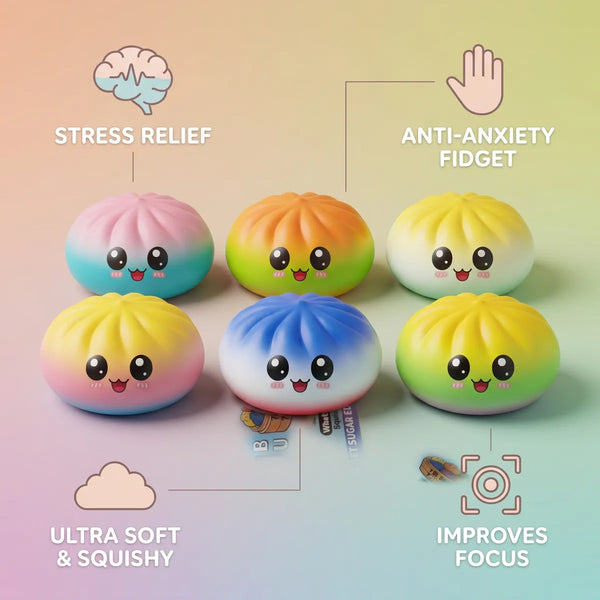 Charming mystery dumpling squishy size guide infographic with dimensions