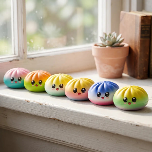 Charming mystery dumpling squishy displayed with bamboo steamer