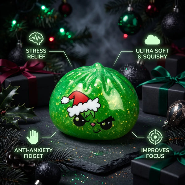 Grumpy Christmas Evil Dumpling Squishy infographic: stress relief, ultra soft and squishy, anti-anxiety fidget, improves focus