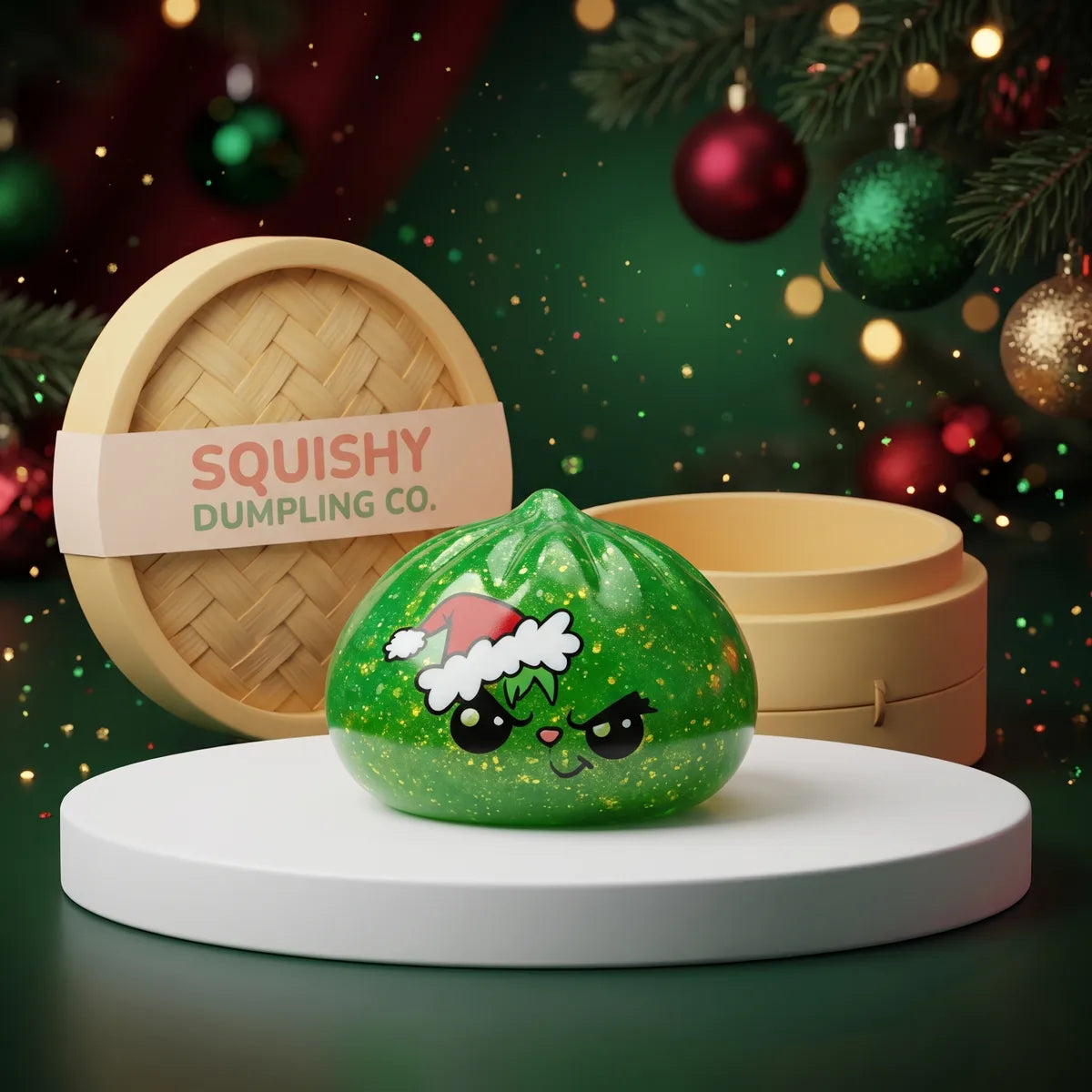 Grumpy Christmas Evil Dumpling Squishy on a white studio podium beside a steamer basket