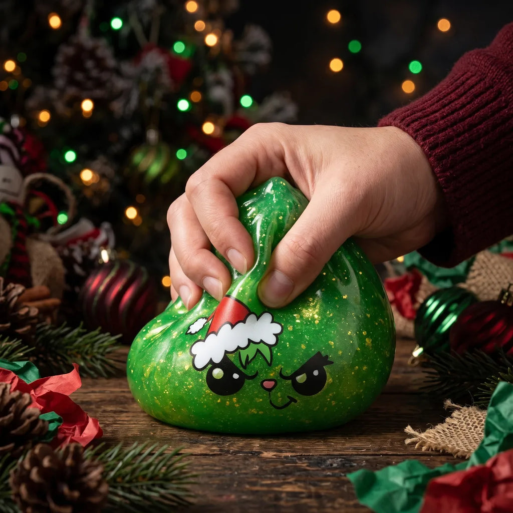 Hand squeezing the Grumpy Christmas Evil Dumpling Squishy so the glitter swirls inside