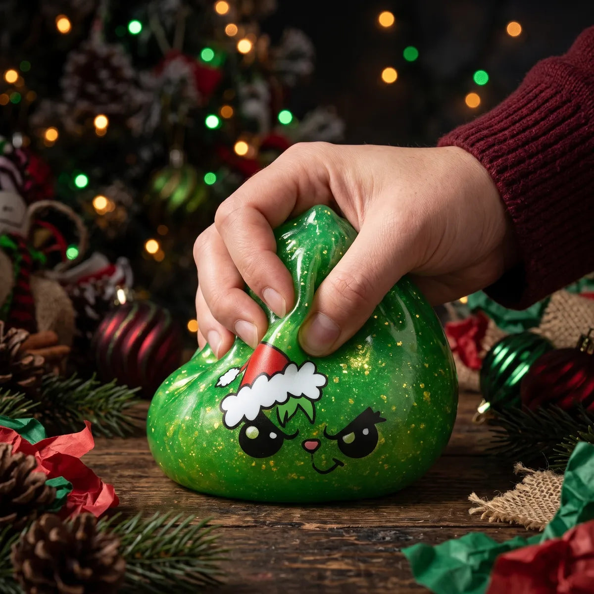 Hand squeezing the Grumpy Christmas Evil Dumpling Squishy so the glitter swirls inside