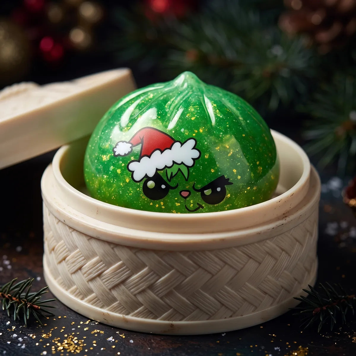 Grumpy Christmas Evil Dumpling Squishy sitting inside a round steamer basket