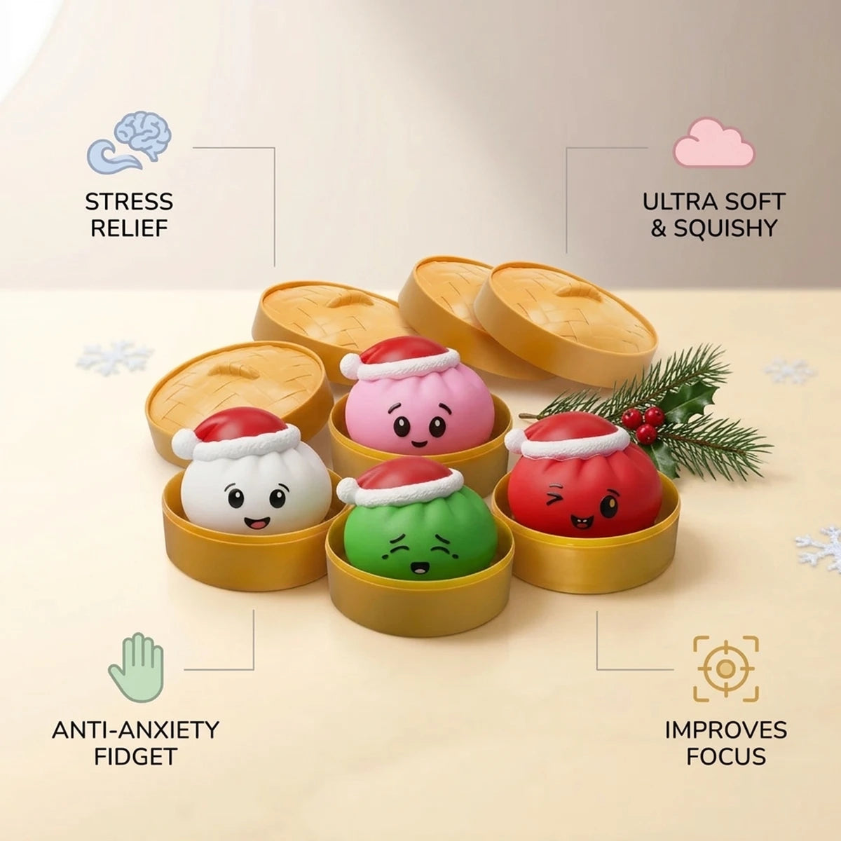 Christmas hat dumpling squishy set infographic: stress relief, ultra soft and squishy, anti-anxiety fidget, improves focus