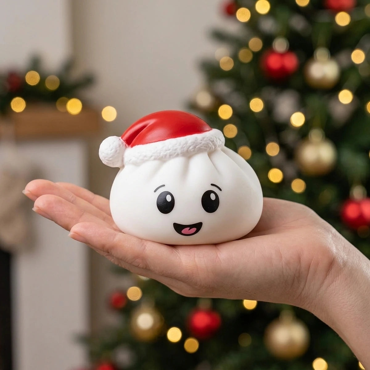 White Christmas hat dumpling squishy resting on an open palm to show its 7.5 cm size