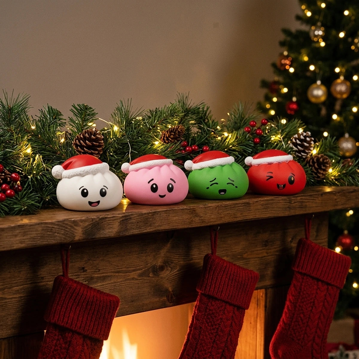 Christmas hat dumpling squishy set of 4 on a fireplace mantel with a pine garland and stockings