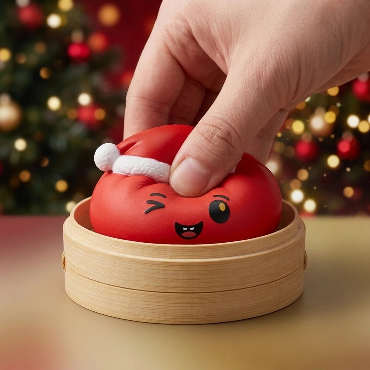 Hand pressing the red Christmas hat dumpling squishy inside a bamboo steamer to show its slow rise