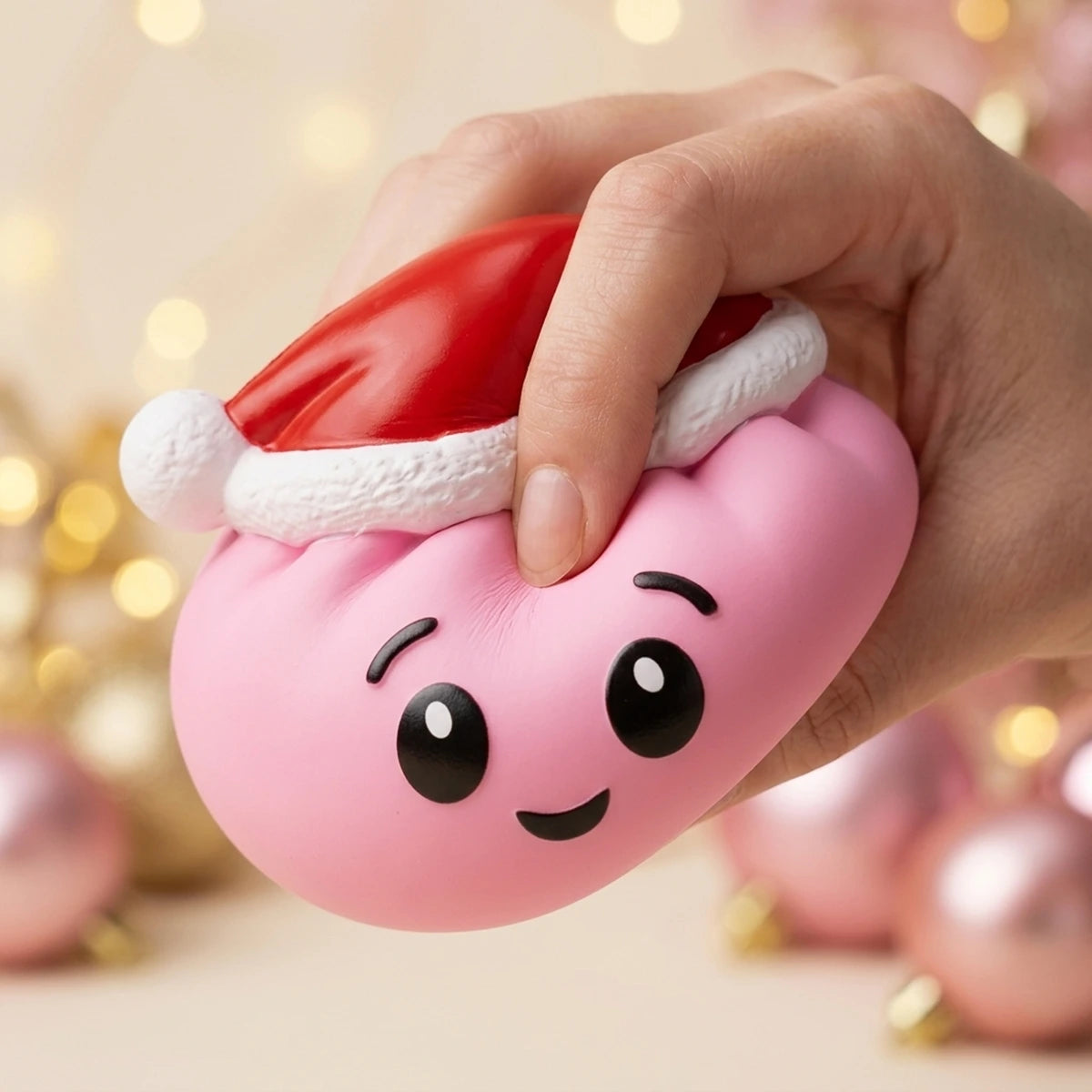Close-up of fingers squeezing the soft pink Christmas hat dumpling squishy